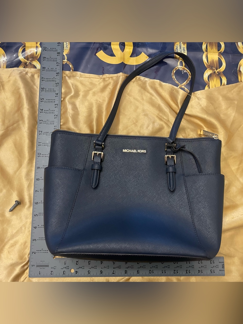 Michael Kors Dark Navy Saffiano Leather Tote with Gold Hardware